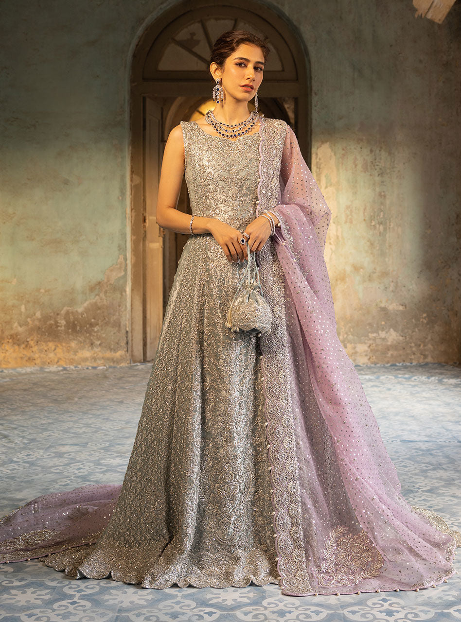 Pastel Silver Embellished Khaadi Net Gown (2-Piece) - Image 1