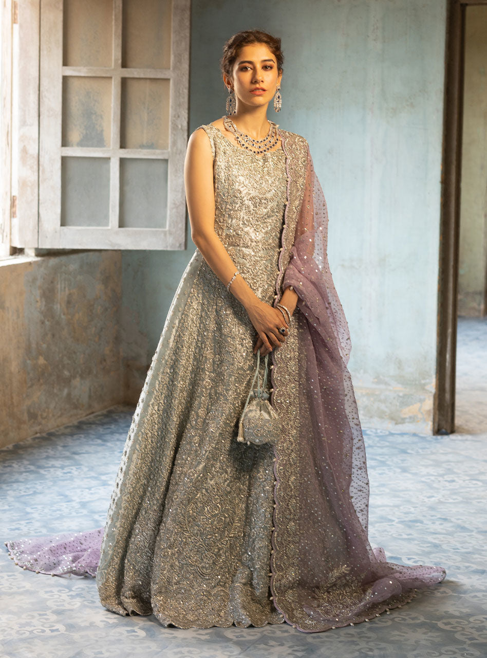 Pastel Silver Embellished Khaadi Net Gown (2-Piece) - Image 10