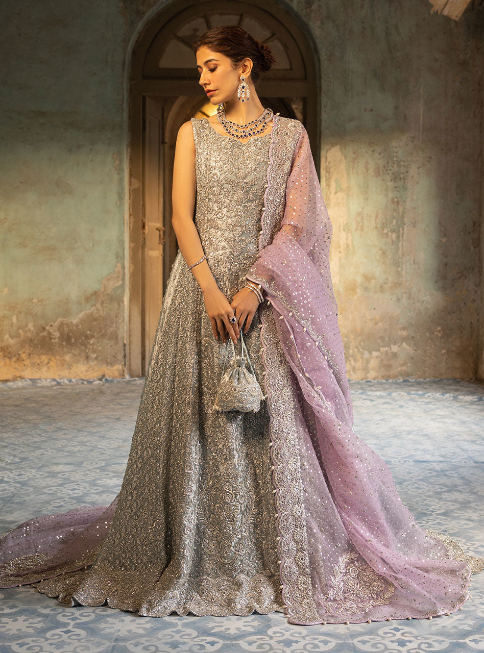 Pastel Silver Embellished Khaadi Net Gown (2-Piece) - Image 2