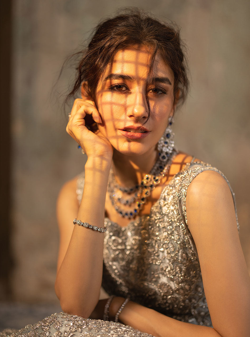 Pastel Silver Embellished Khaadi Net Gown (2-Piece) - Image 4