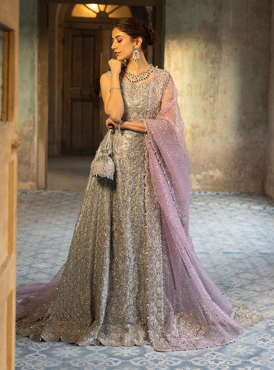 Pastel Silver Embellished Khaadi Net Gown (2-Piece) - Image 6