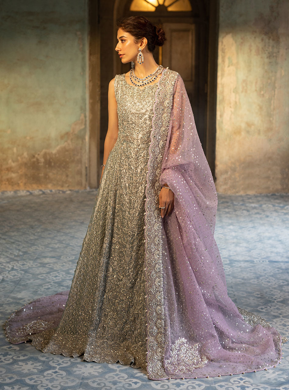 Pastel Silver Embellished Khaadi Net Gown (2-Piece) - Image 7