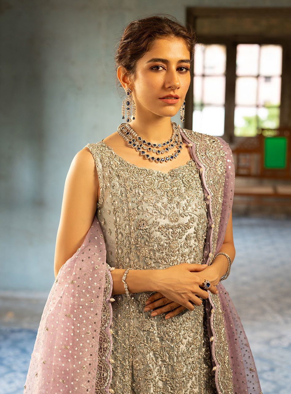 Pastel Silver Embroidered Khaadi Net Gown (2-Piece) - Image 15