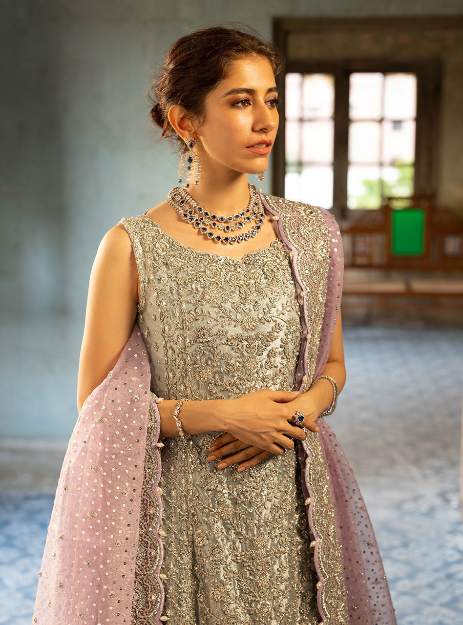 Pastel Silver Embroidered Khaadi Net Gown (2-Piece) - Image 16