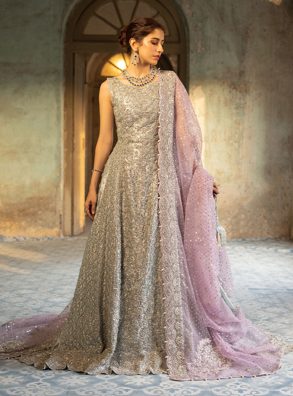 Pastel Silver Embroidered Khaadi Net Gown (2-Piece) - Image 3