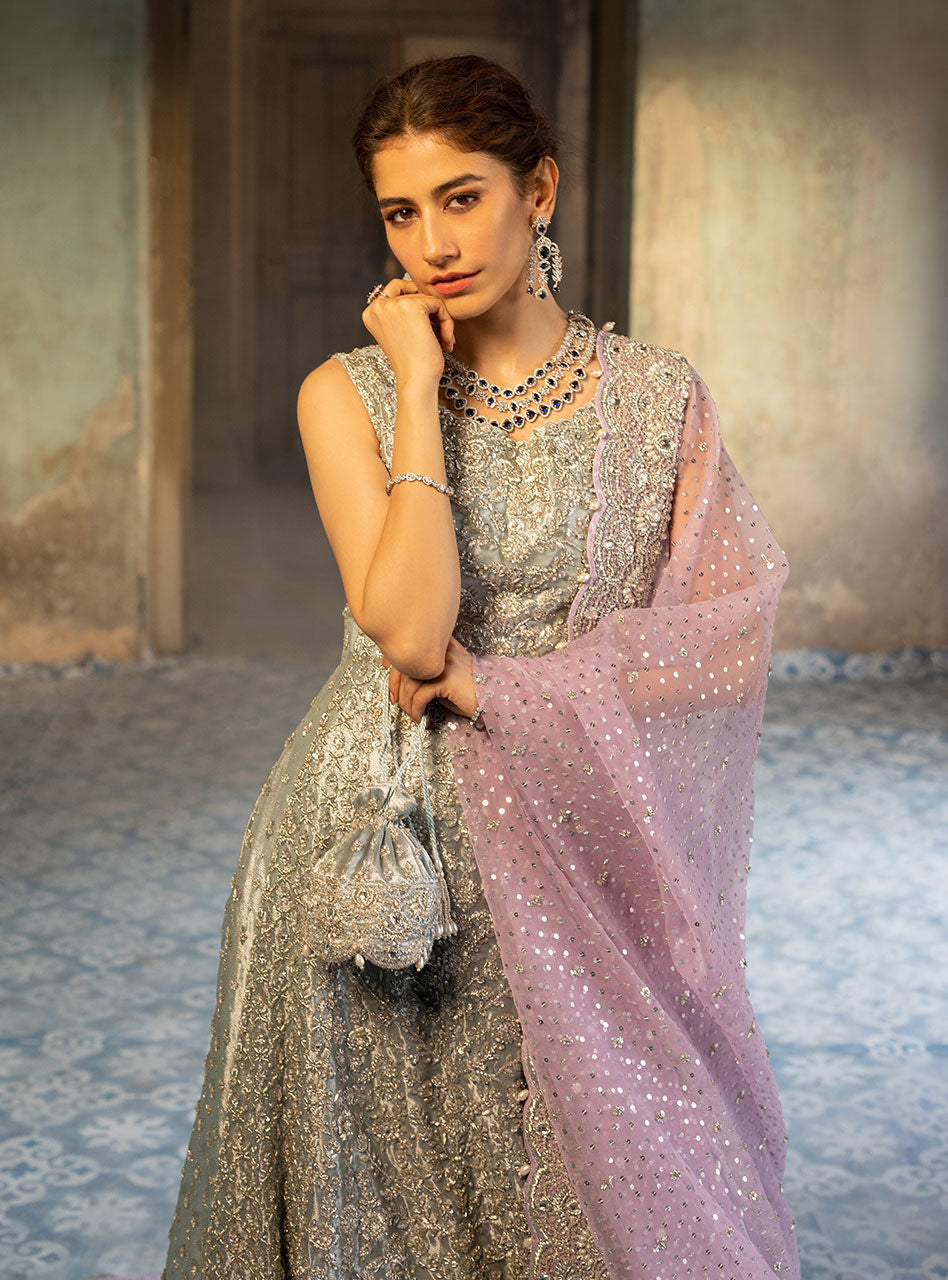 Pastel Silver Embroidered Khaadi Net Gown (2-Piece) - Image 9