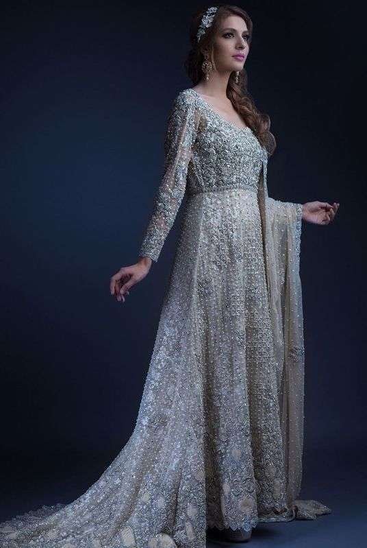 Pakistani Silver Embroidered Net Bridal Gown (2-Piece) - Image 1