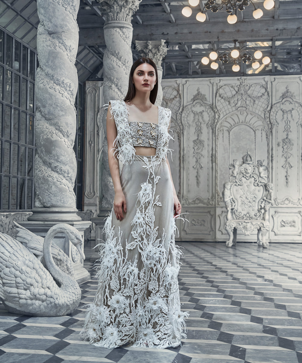 Pakistani Silver Grey 3D Floral Net Gown (1-Pc) - Image 1