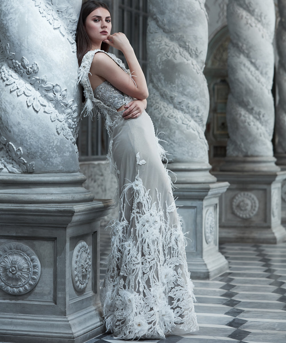 Pakistani Silver Grey 3D Floral Net Gown (1-Pc) - Image 2