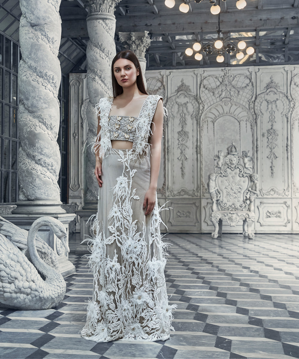 Pakistani Silver Grey 3D Floral Net Gown (1-Pc) - Image 4