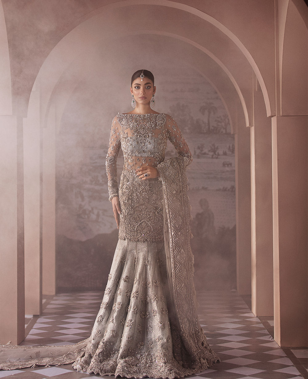 Pakistani Silver Grey Embellished Net Gown (2-Piece) - Image 2