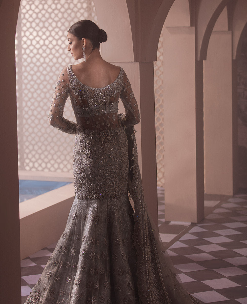 Pakistani Silver Grey Embellished Net Gown (2-Piece) - Image 3