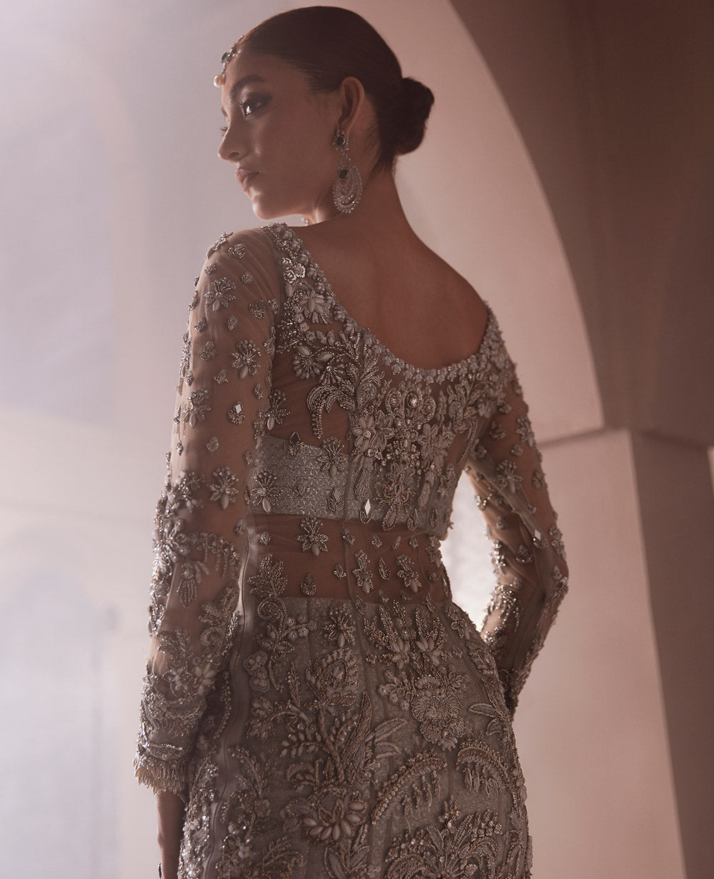 Pakistani Silver Grey Embellished Net Gown (2-Piece) - Image 6