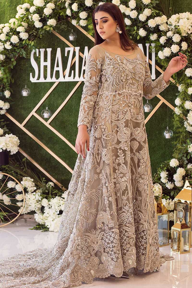 Silver Grey Embellished Net Bridal Gown (1-Pc) - Image 1