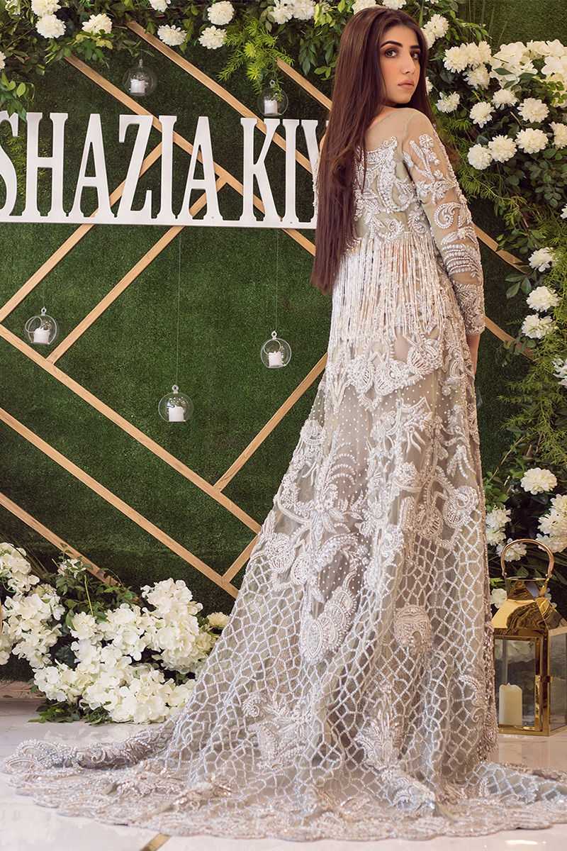 Silver Grey Embellished Net Bridal Gown (1-Pc) - Image 3