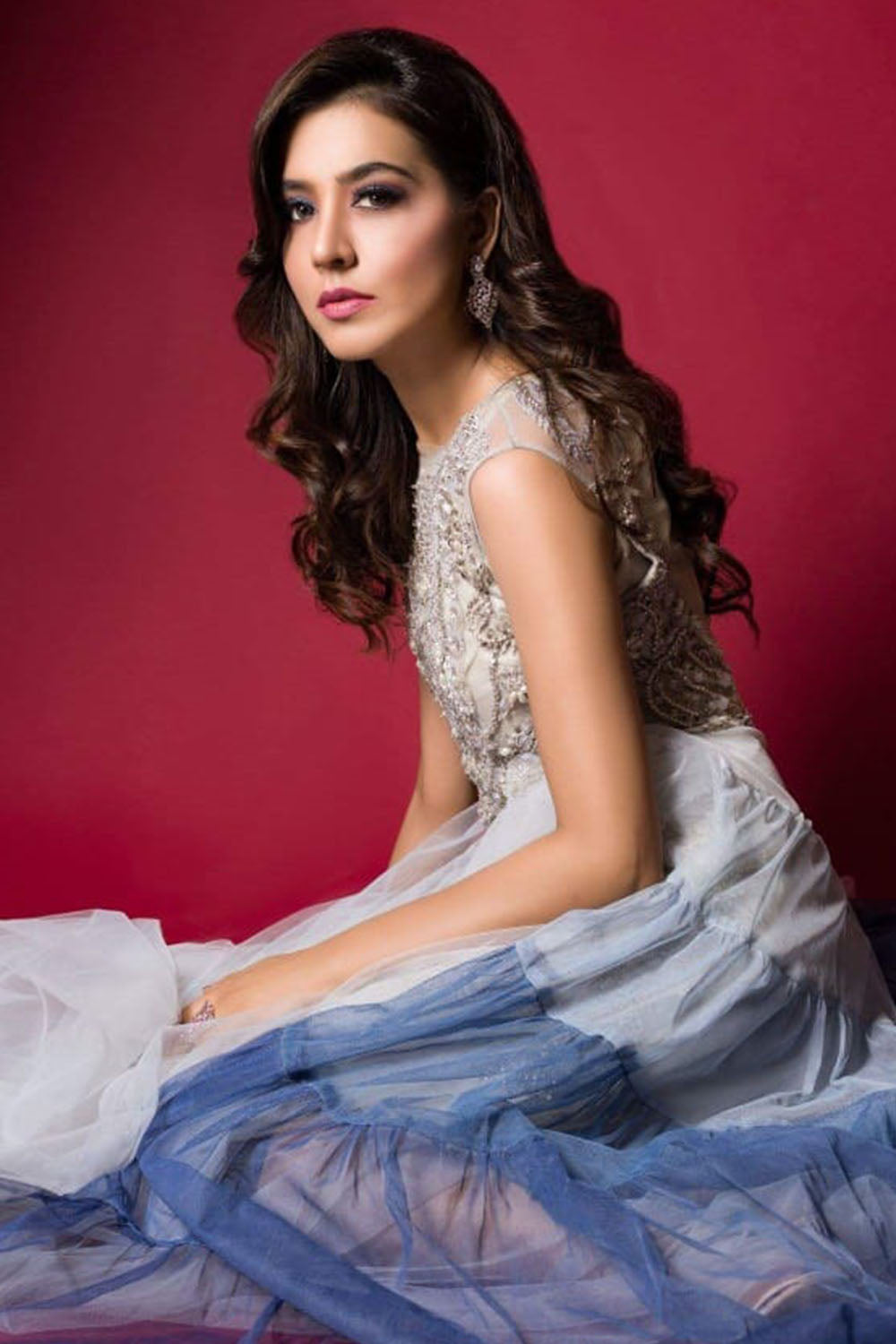 Silver Blue Beaded Net Gown (1-Pc) - Image 1