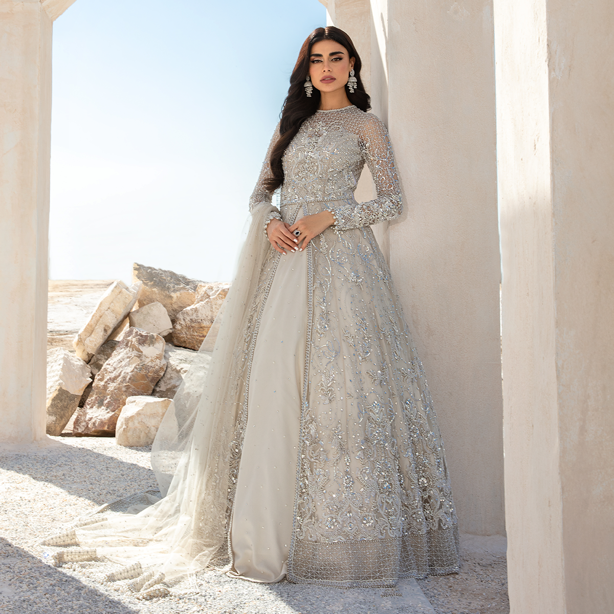 Indian Silver Embellished Net Gown (2-Piece) - Image 1