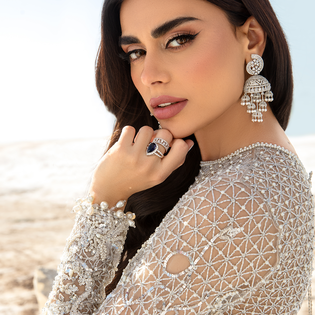 Indian Silver Embellished Net Gown (2-Piece) - Image 5