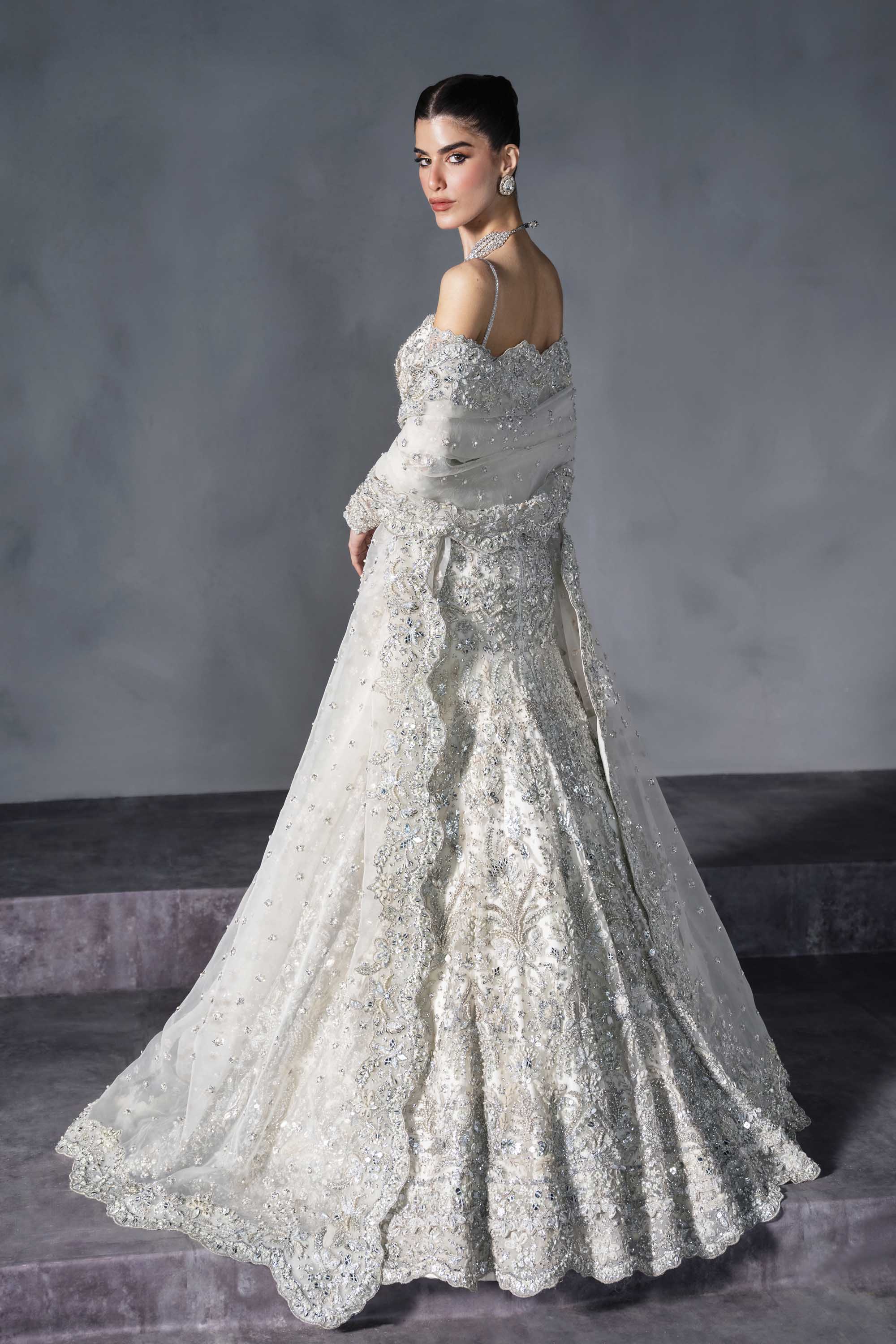 Pakistani Ice-Silver Embellished Net Bridal Gown (2-Piece) - Image 10