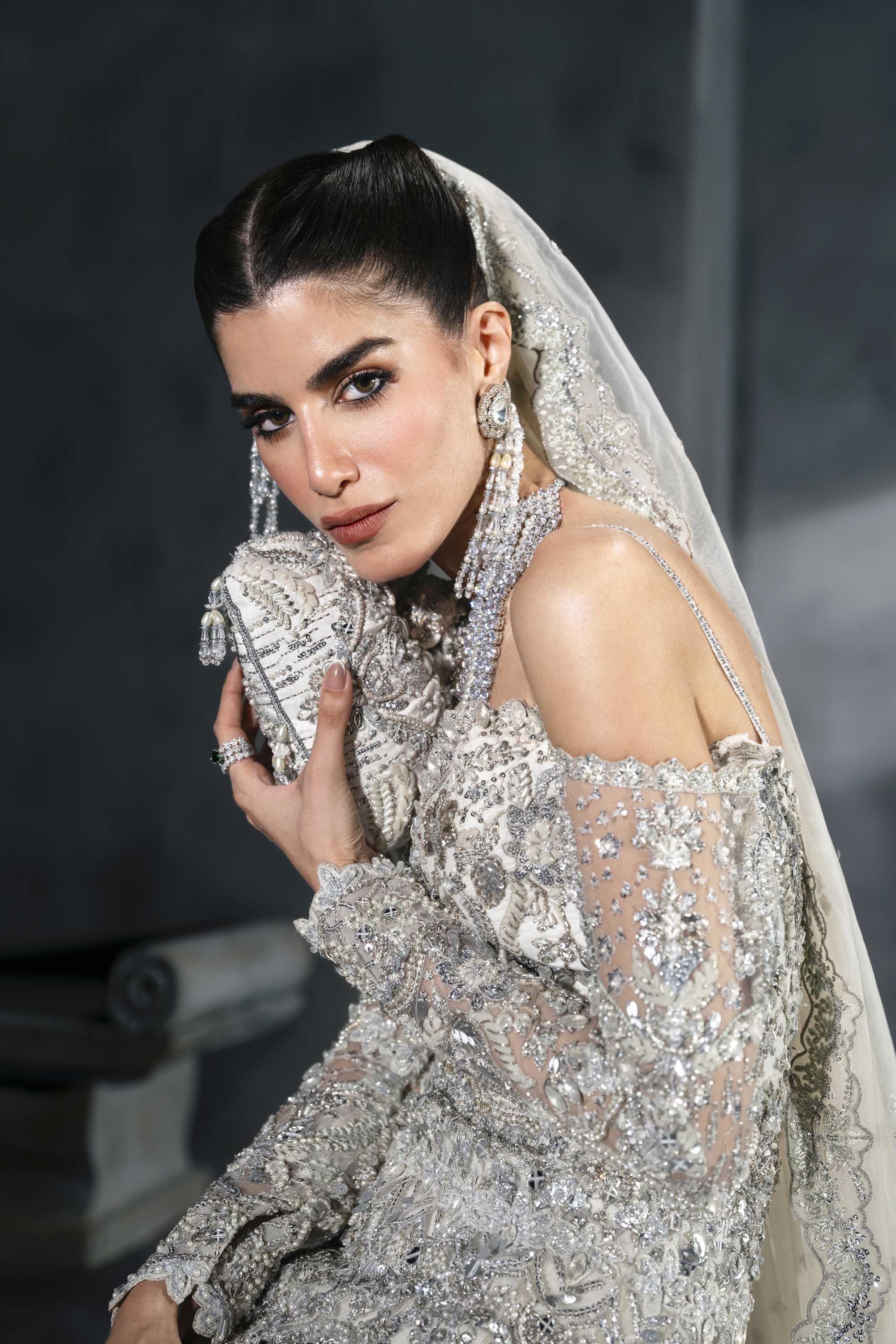 Pakistani Ice-Silver Embellished Net Bridal Gown (2-Piece) - Image 11