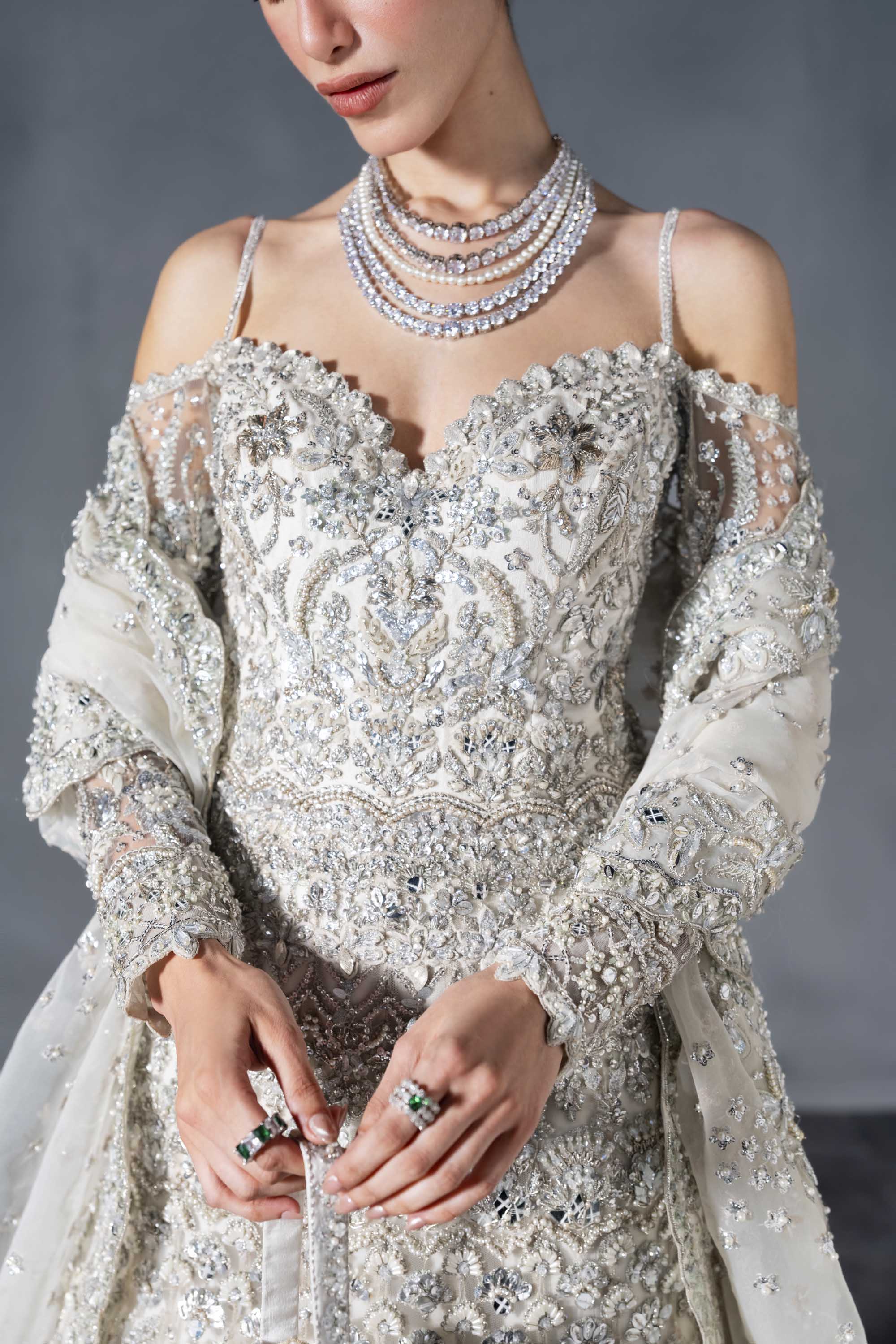 Pakistani Ice-Silver Embellished Net Bridal Gown (2-Piece) - Image 2
