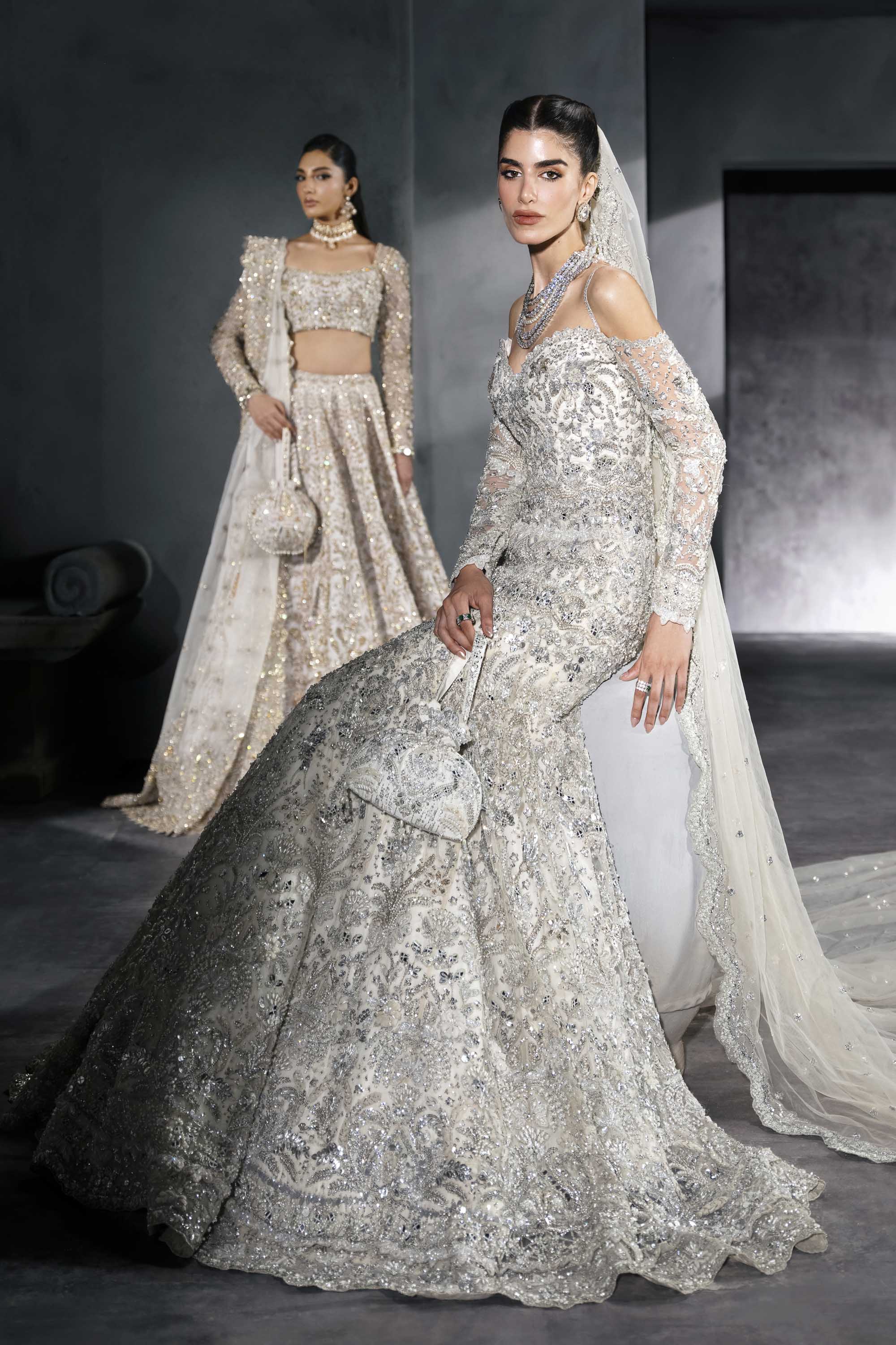 Pakistani Ice-Silver Embellished Net Bridal Gown (2-Piece) - Image 3