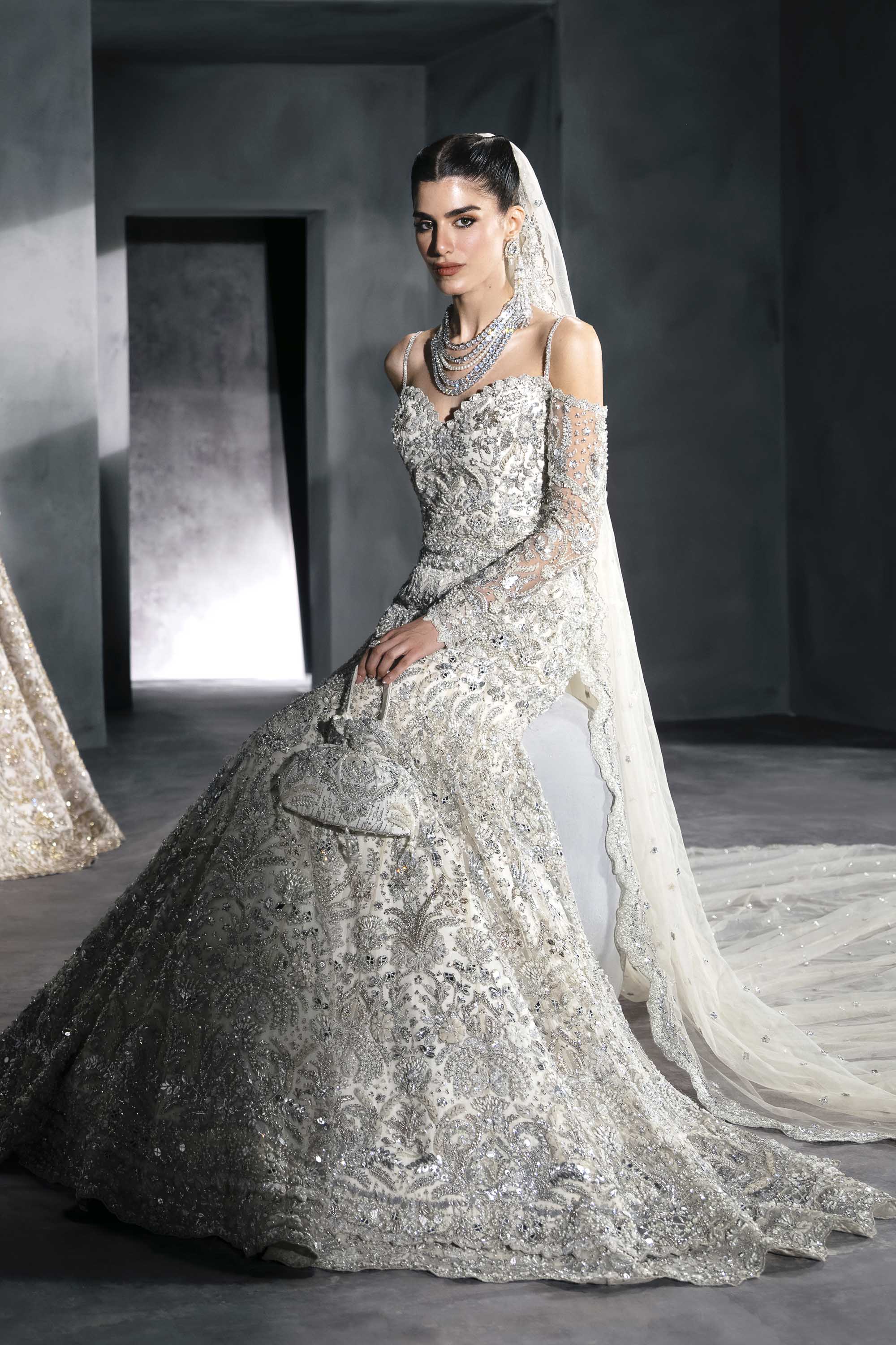 Pakistani Ice-Silver Embellished Net Bridal Gown (2-Piece) - Image 7