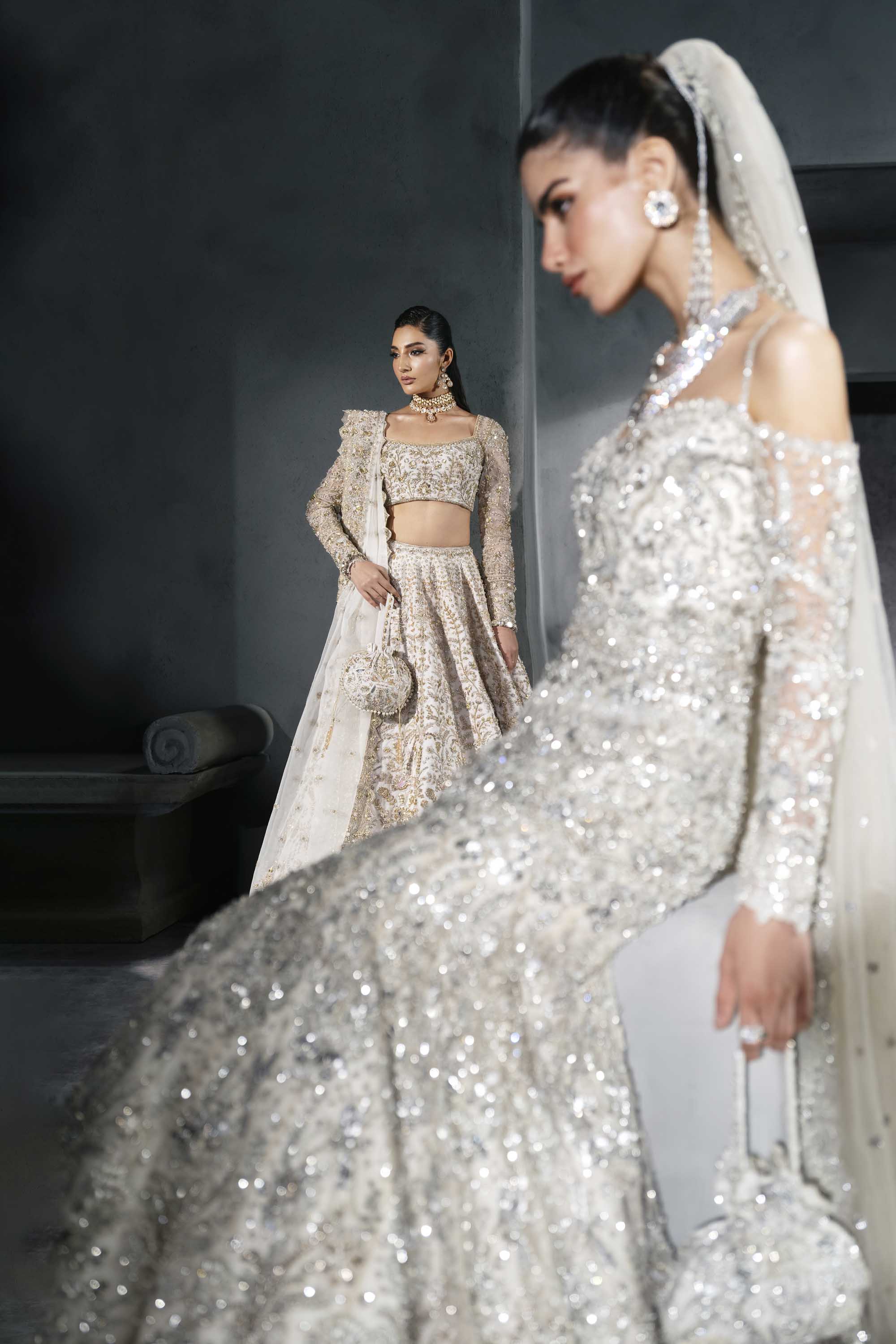 Pakistani Ice-Silver Embellished Net Bridal Gown (2-Piece) - Image 8