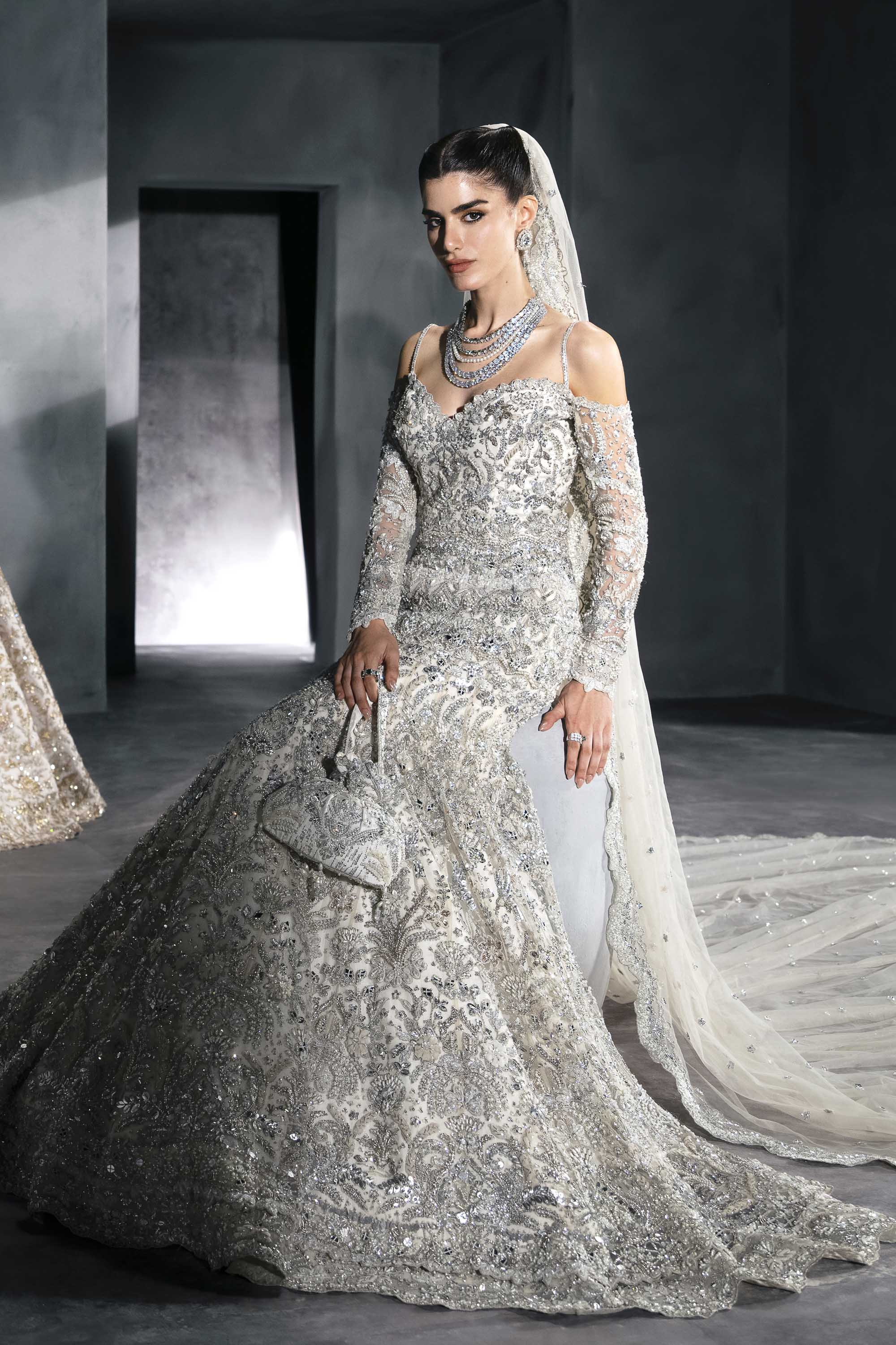 Pakistani Ice-Silver Embellished Net Bridal Gown (2-Piece) - Image 9