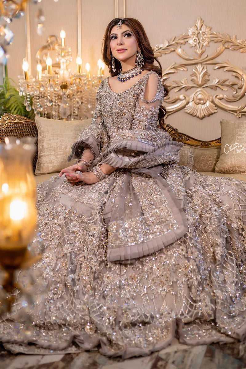 Pakistani Silver Grey Embellished Net Bridal Gown (2-Piece) - Image 1
