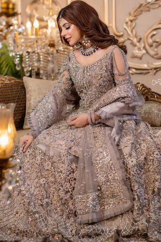 Pakistani Silver Grey Embellished Net Bridal Gown (2-Piece) - Image 3