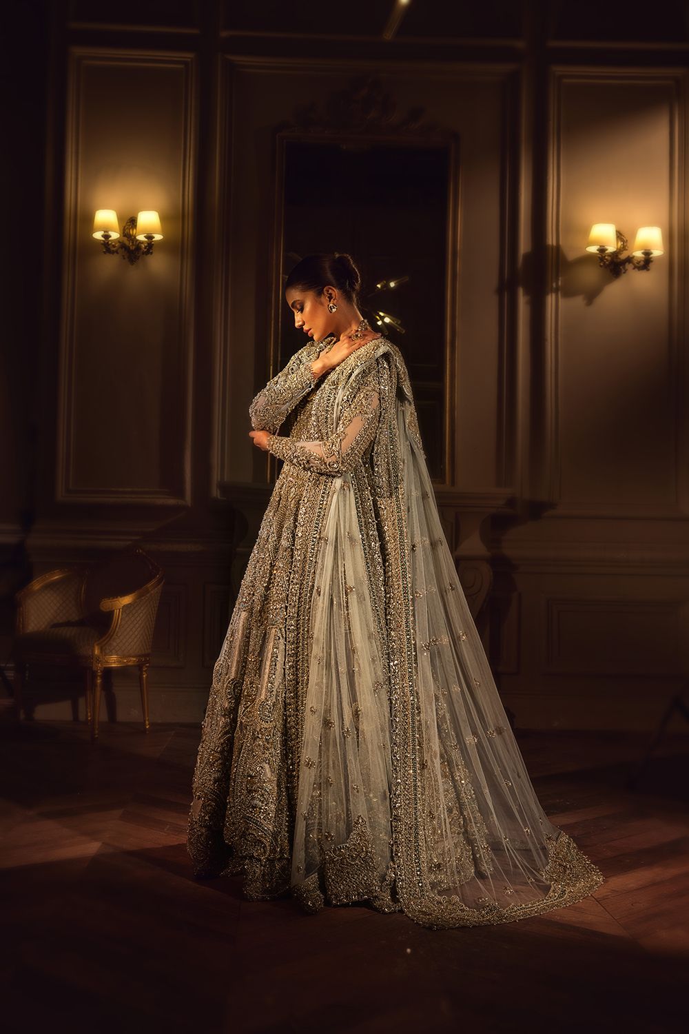 Pakistani Silver Grey Embellished Net Bridal Gown (2-Piece) - Image 1