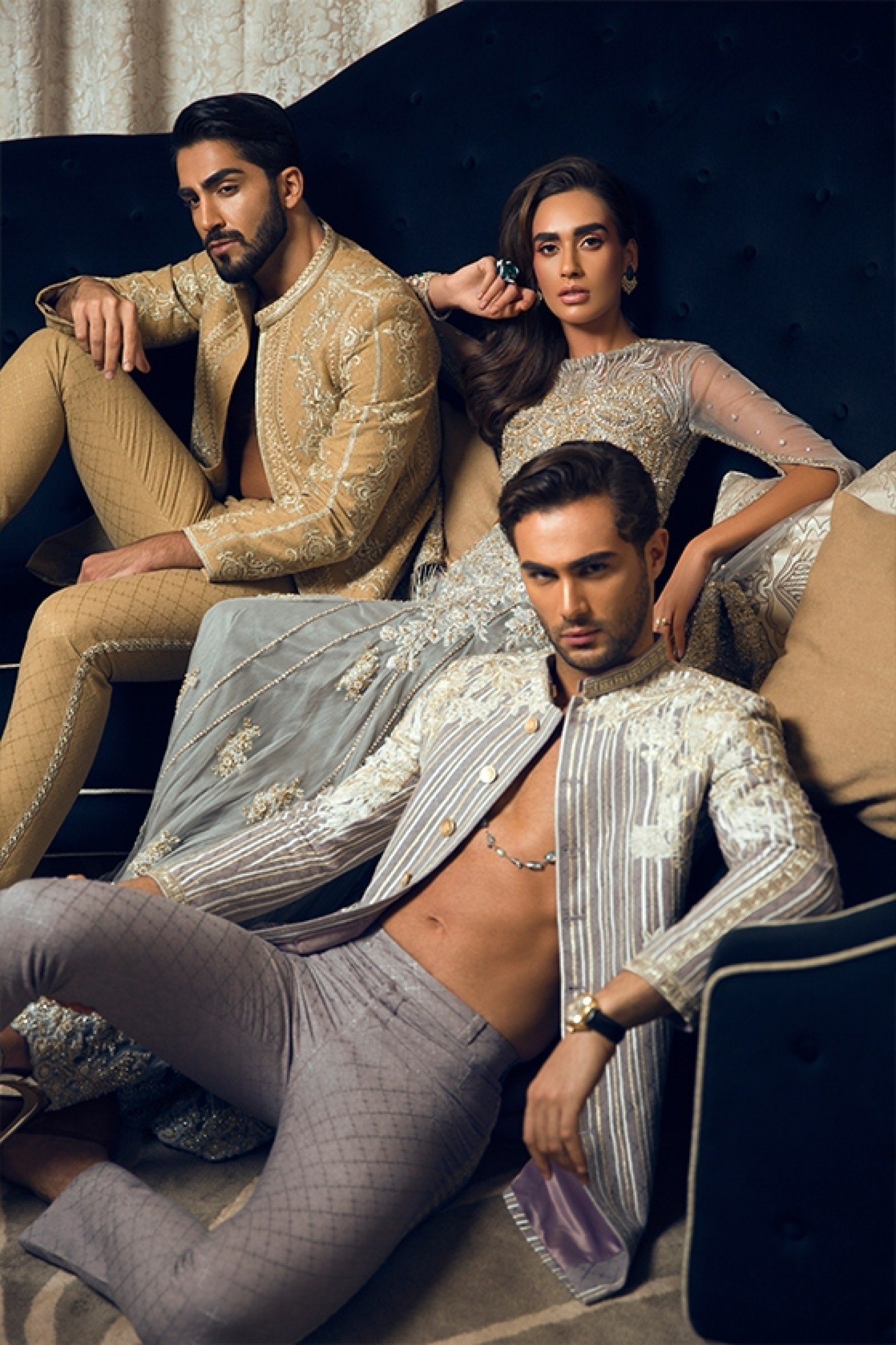 Pakistani Silver Grey Embroidered Net Gown (1-Pc) - Image 1