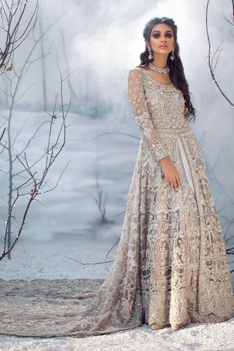 Pakistani Silver Embroidered Net Gown (2-Piece) - Image 1
