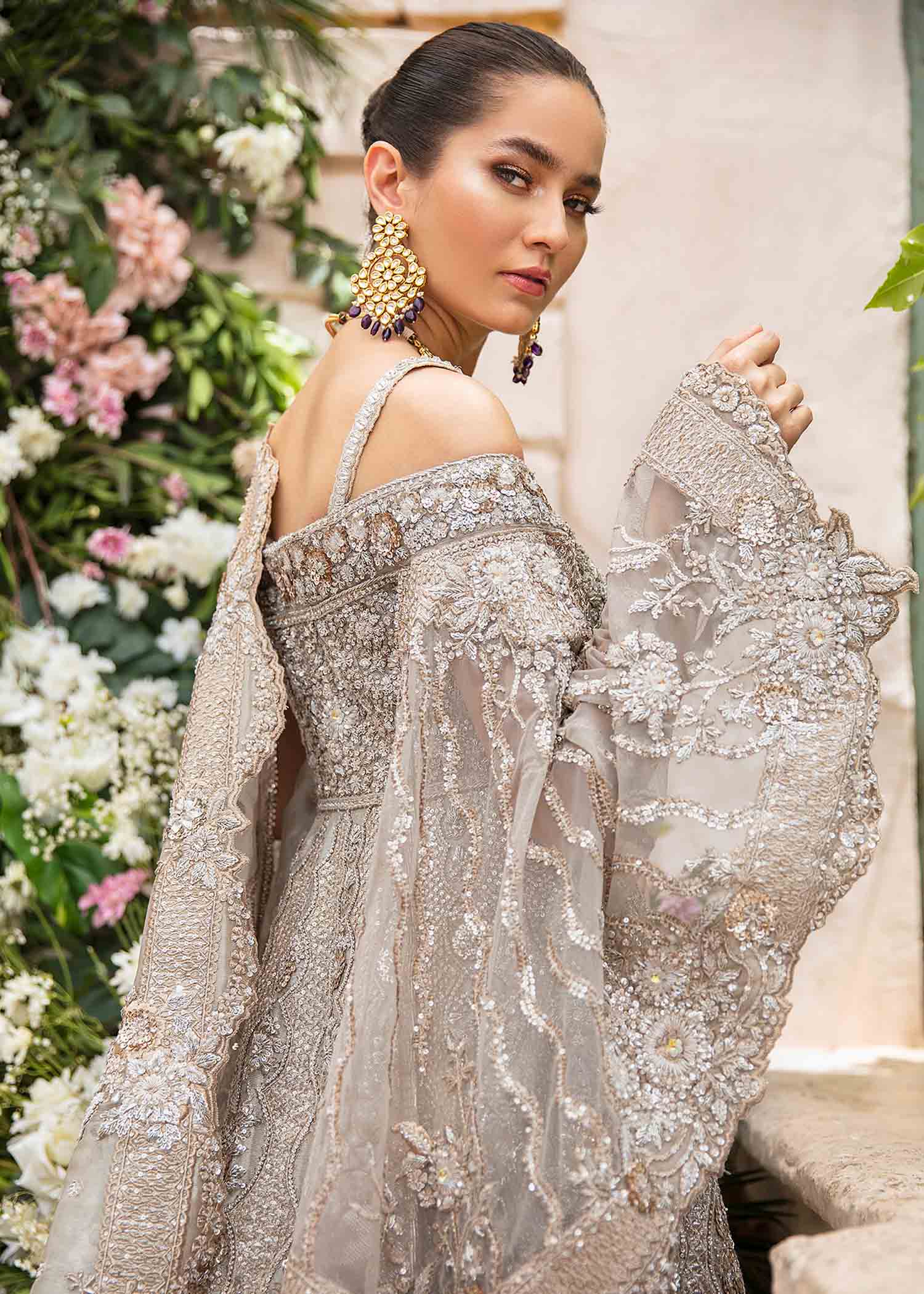 Pakistani Silver Grey Embellished Net Bridal Gown (2-Piece) - Image 4