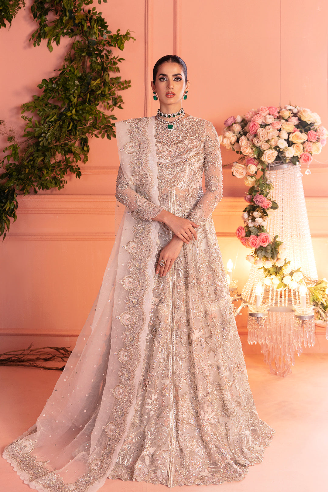 Pakistani Silver Embellished Net Gown (2-Piece) - Image 1