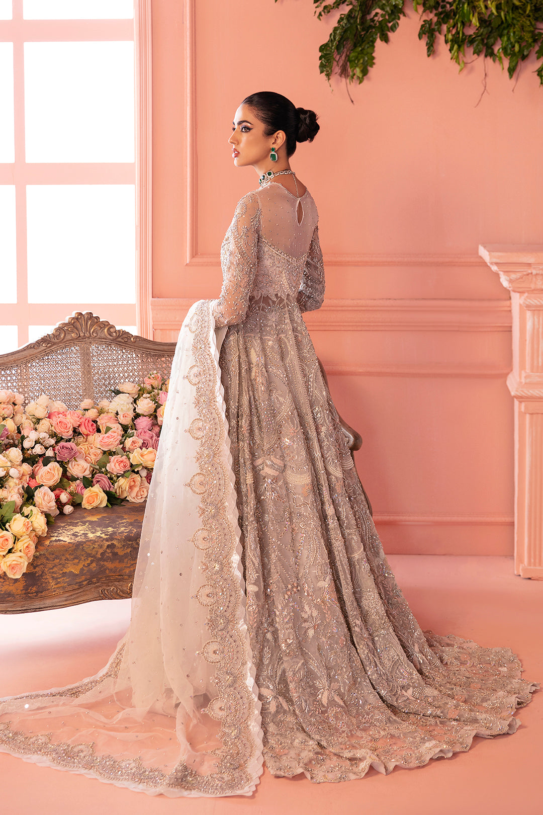 Pakistani Silver Embellished Net Gown (2-Piece) - Image 4