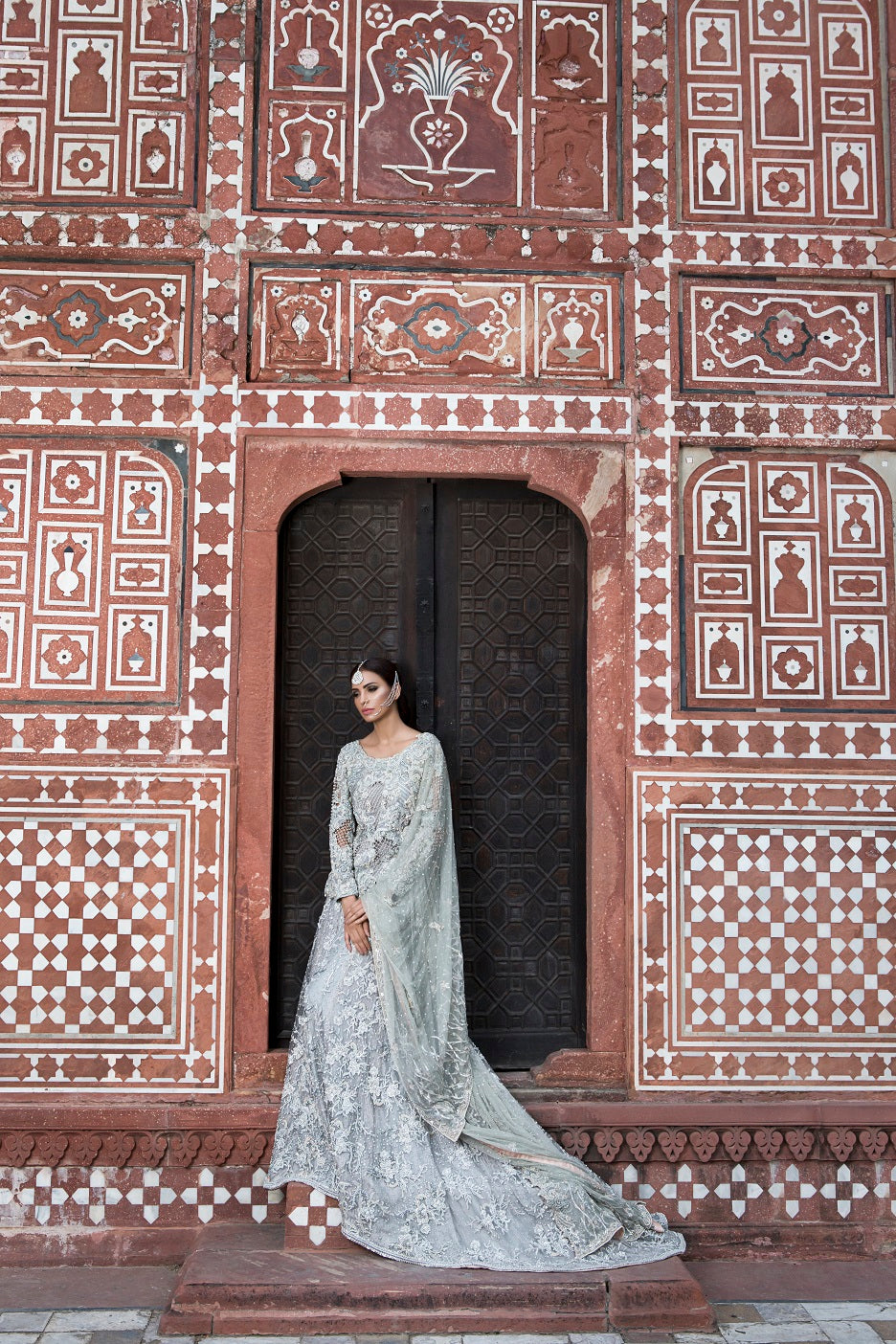 Pakistani Silver Grey Embellished Net Bridal Gown (2-Piece) - Image 1