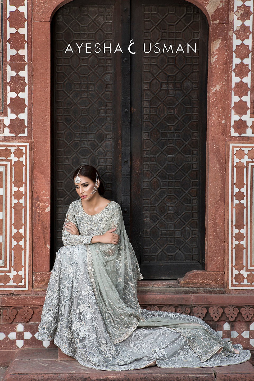 Pakistani Silver Grey Embellished Net Bridal Gown (2-Piece) - Image 3