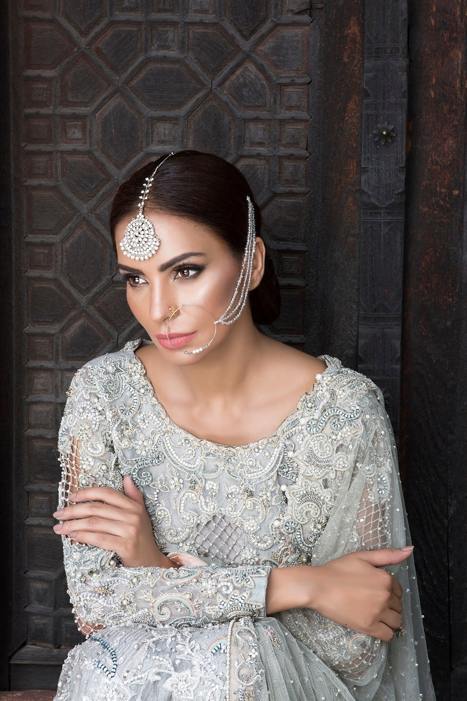 Pakistani Silver Grey Embellished Net Bridal Gown (2-Piece) - Image 4