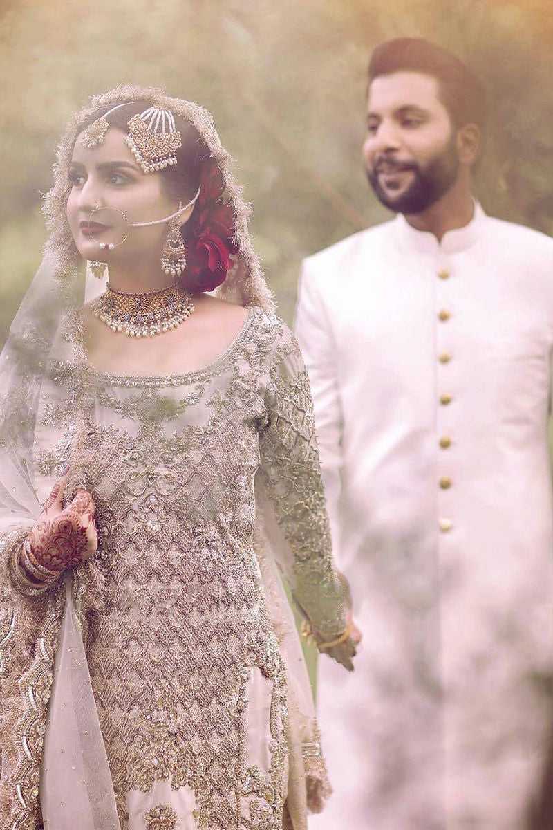 Pakistani Silver Grey Embellished Net Bridal Gown (2-Piece) - Image 1