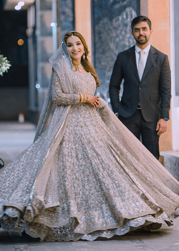 Silver Grey Embellished Net Bridal Gown (2-Piece) - Image 1