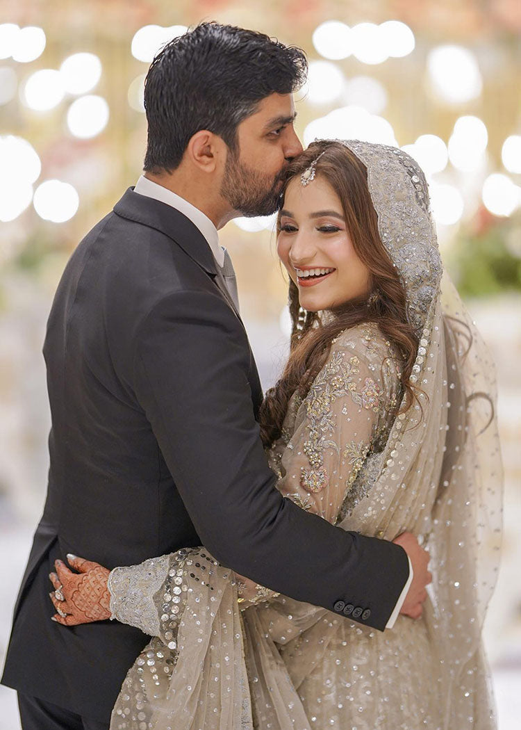 Silver Grey Embellished Net Bridal Gown (2-Piece) - Image 2