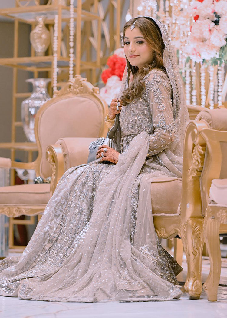Silver Grey Embellished Net Bridal Gown (2-Piece) - Image 3