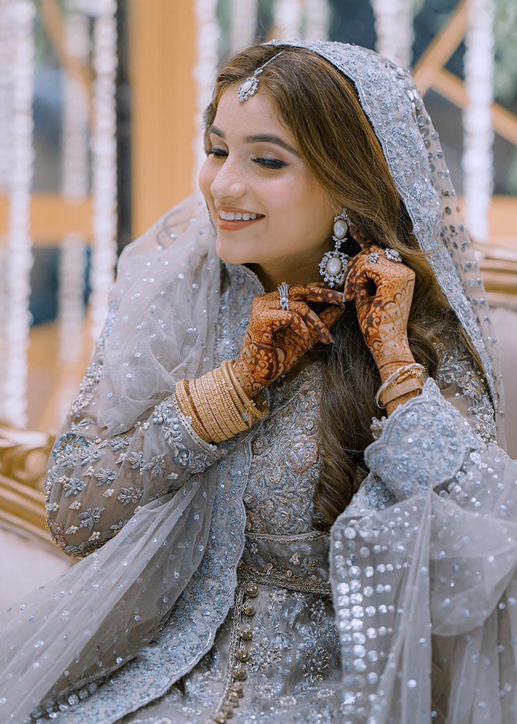 Silver Grey Embellished Net Bridal Gown (2-Piece) - Image 4