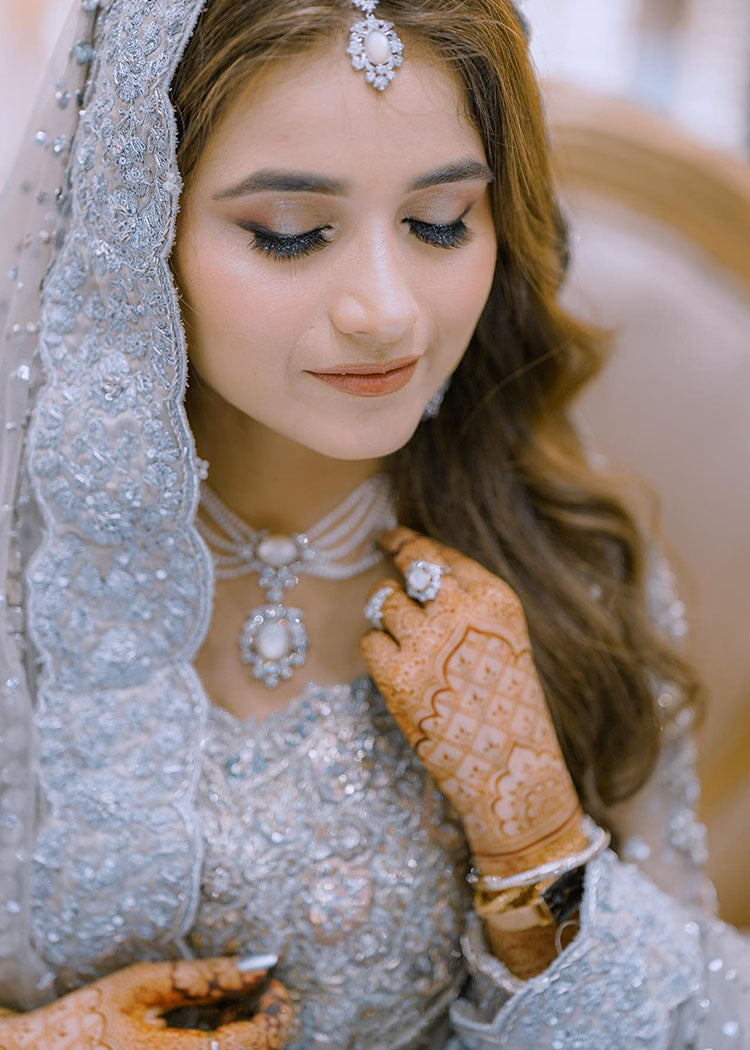 Silver Grey Embellished Net Bridal Gown (2-Piece) - Image 6