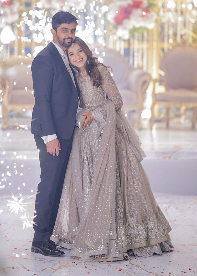 Silver Grey Embellished Net Bridal Gown (2-Piece) - Image 7