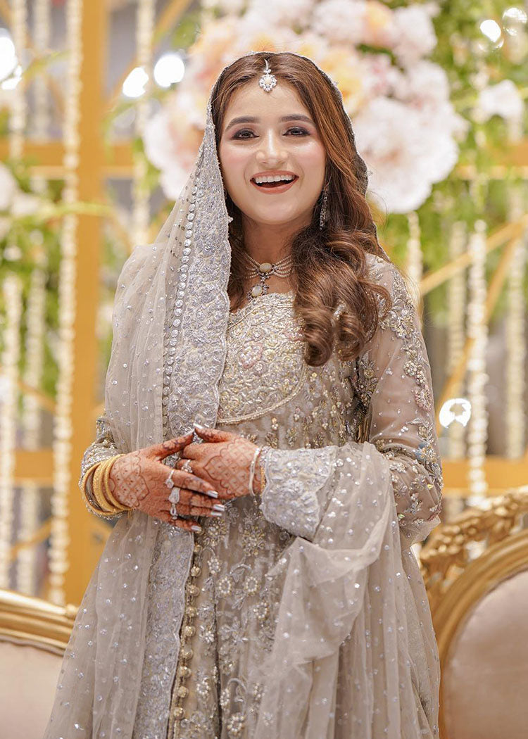 Silver Grey Embellished Net Bridal Gown (2-Piece) - Image 9