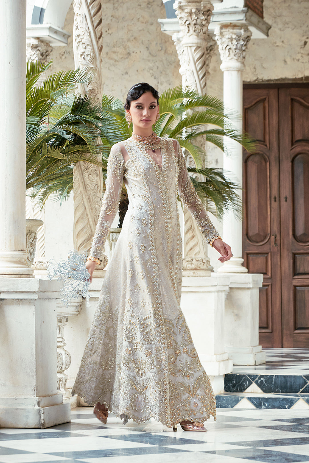 Silver Grey Embroidered Net Gown (2-Piece) - Image 2