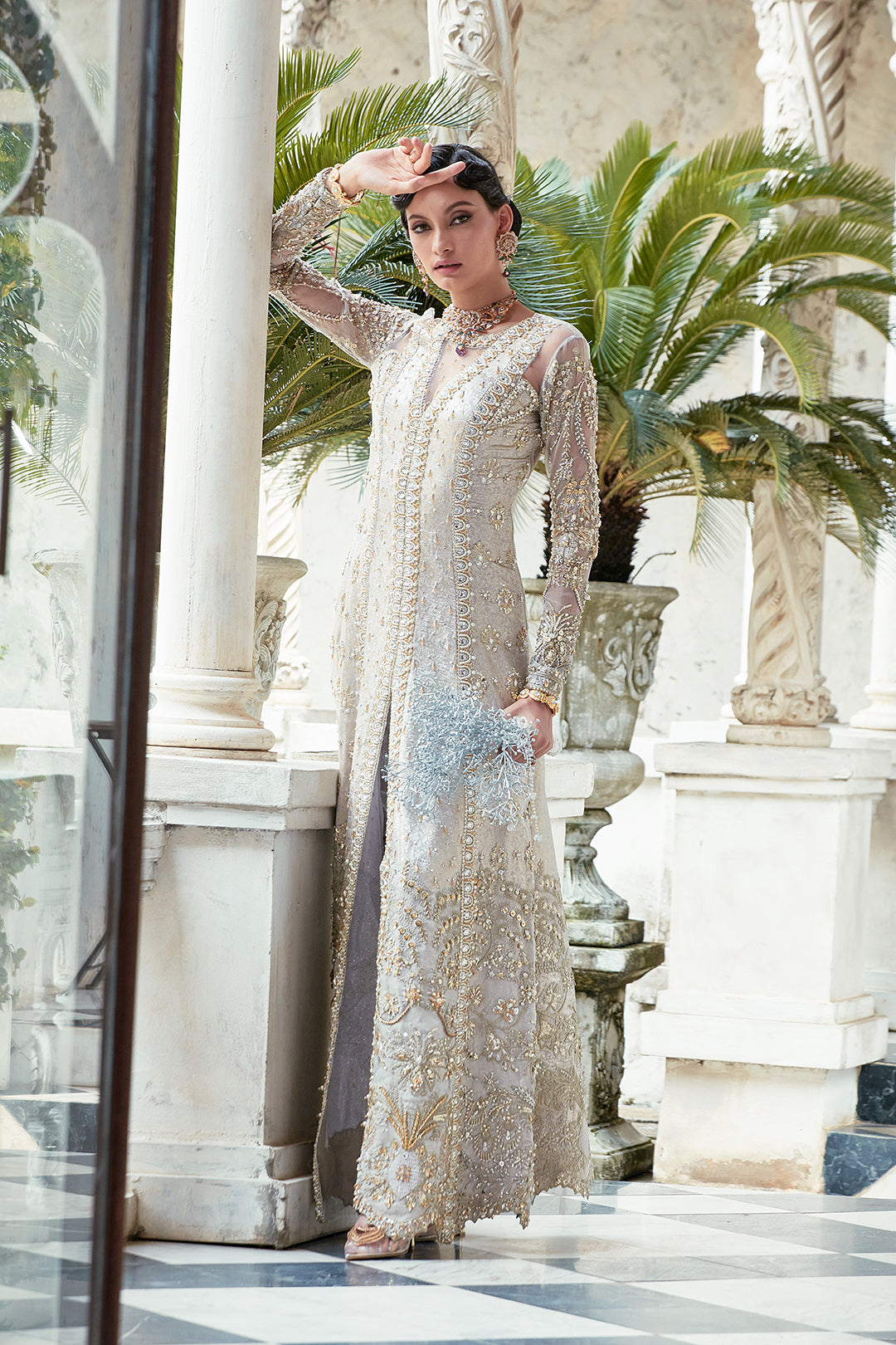 Silver Grey Embroidered Net Gown (2-Piece) - Image 3